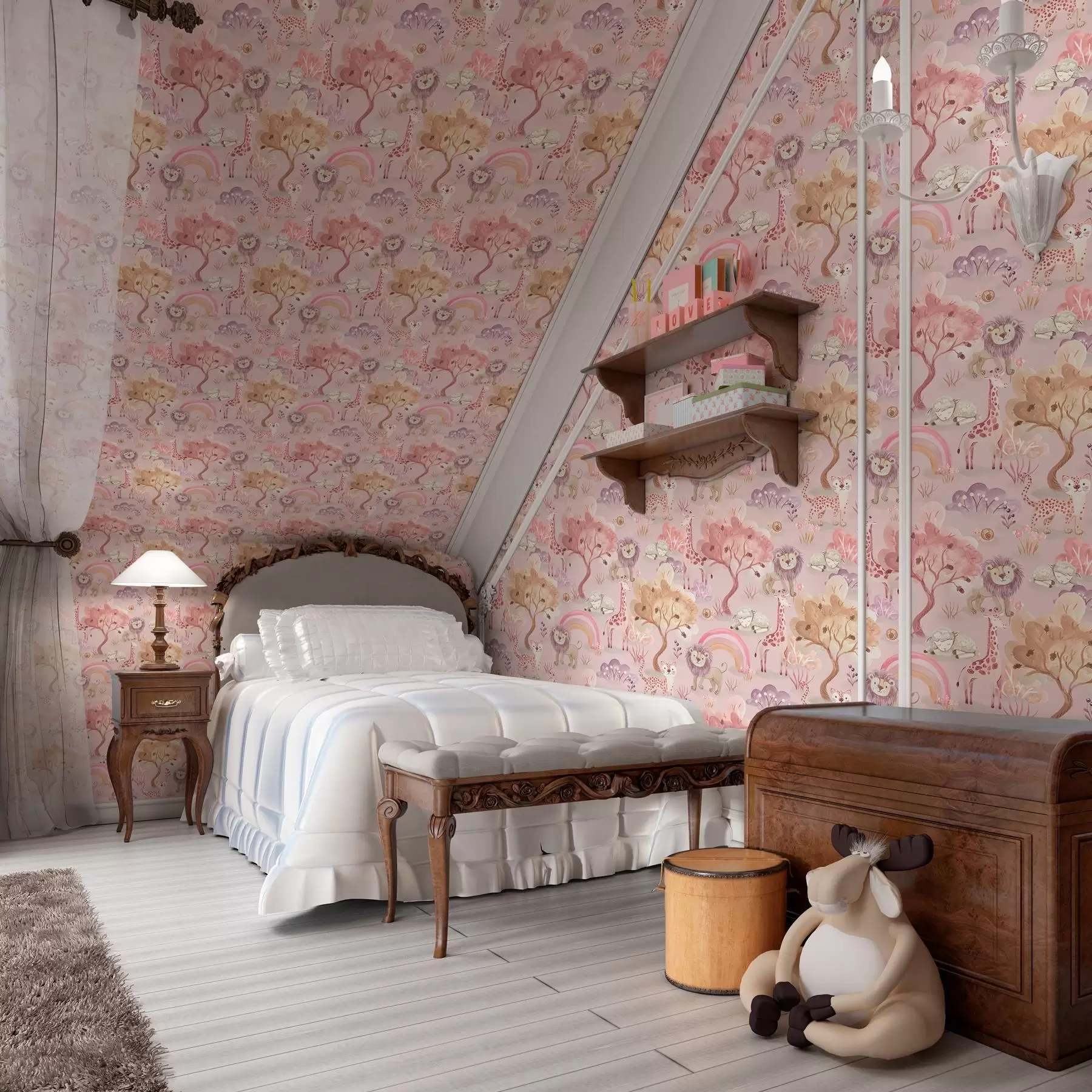 Fototapet Lejonungar, giraffer och regnbågar i en pastellfärgad skog a00112