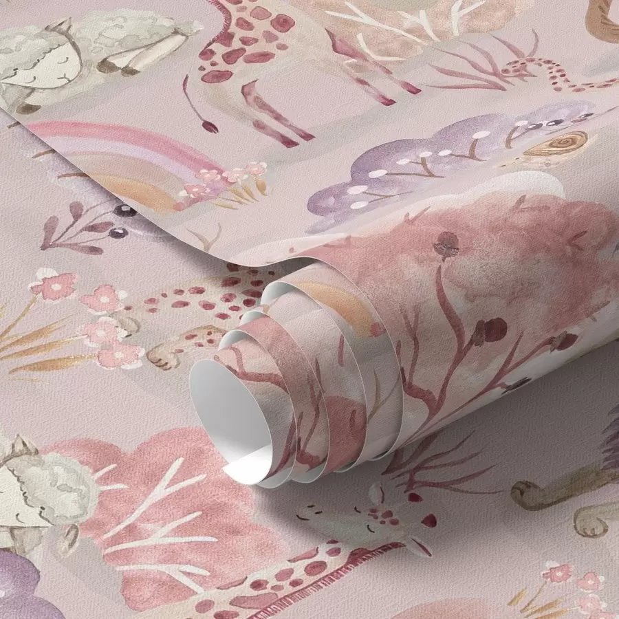 Fototapet Lejonungar, giraffer och regnbågar i en pastellfärgad skog a00112