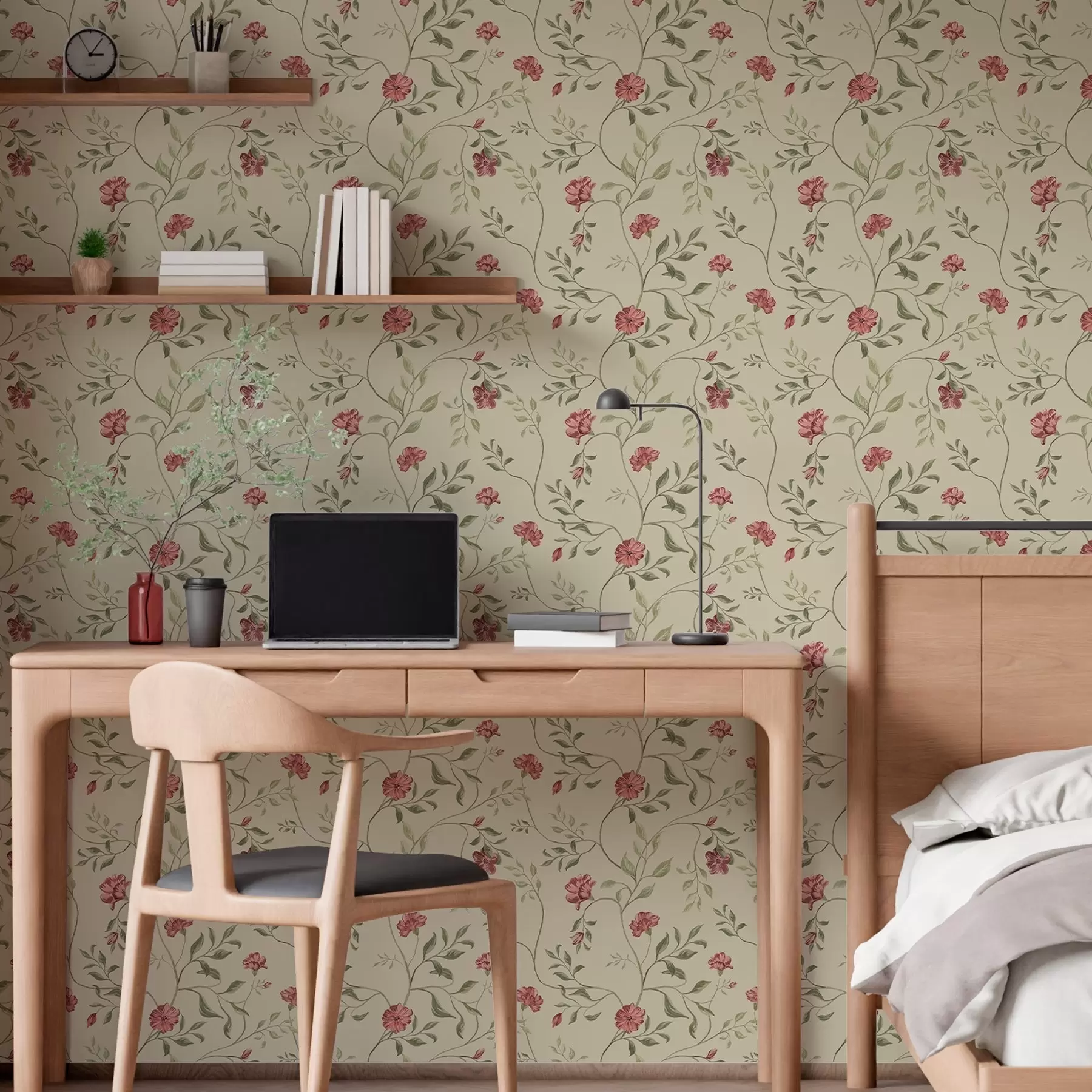 Fototapet Blommor och röda knoppar mot en ljus bakgrund a00114