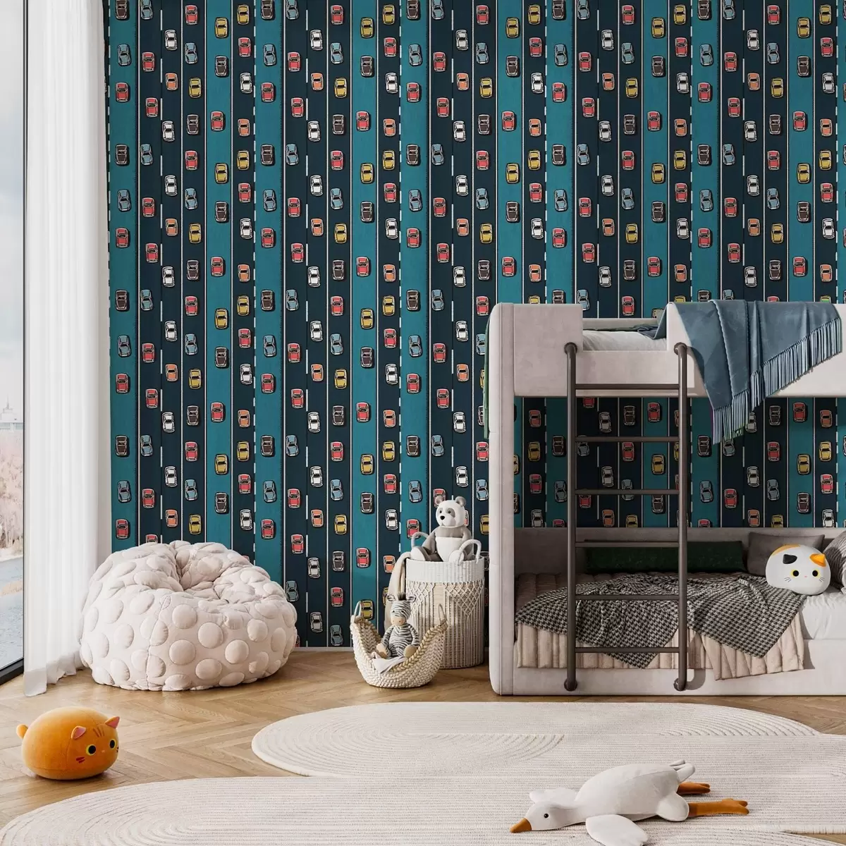 Bakgrund Retrobil på marinblå väg i 60-talsstil a00118