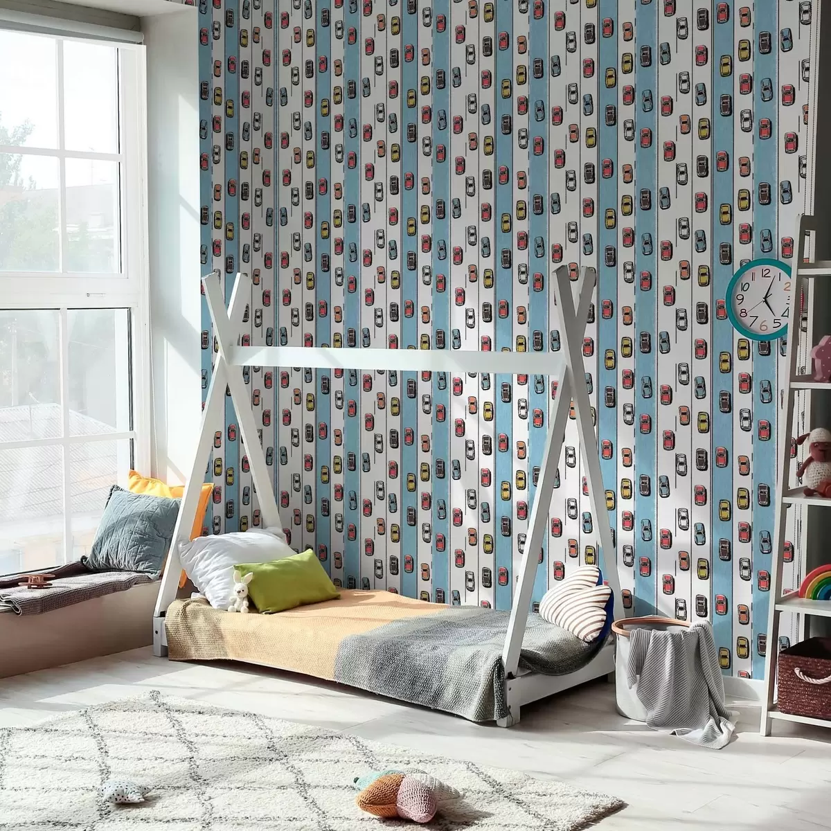 Bakgrund Retrobil på en vit och blå väg i stil med 60-talet a00118v2