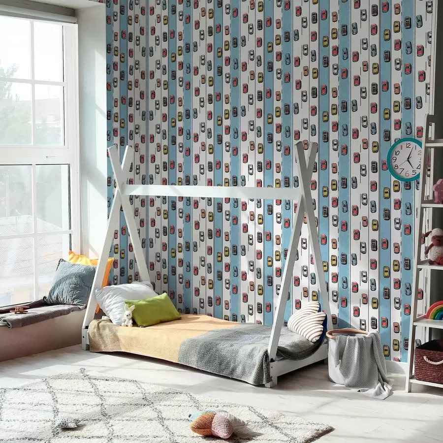 Fototapet Retrobil på en vit och blå väg i stil med 60-talet a00118v2