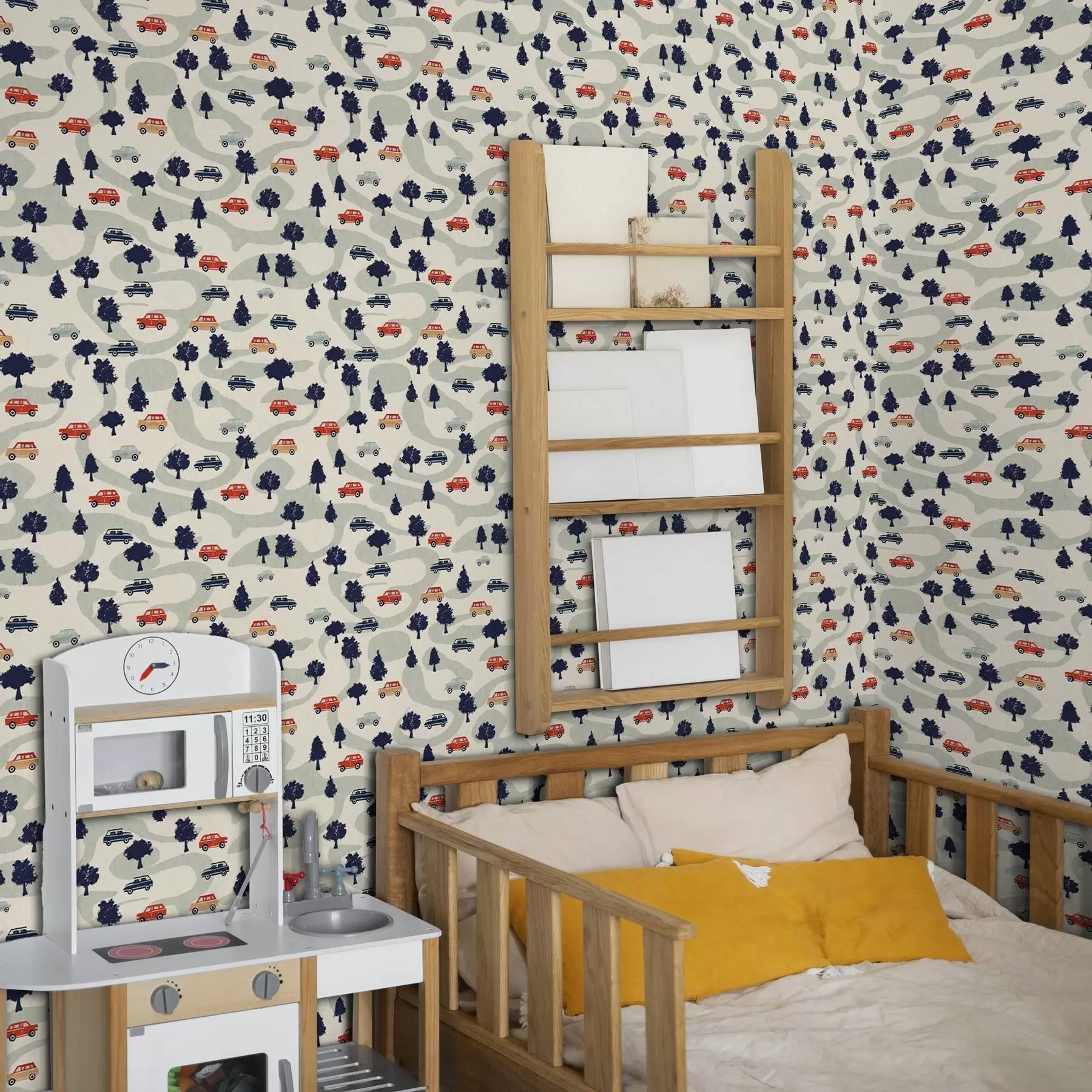 Fototapet Roliga bilar bland träden på en krämfärgad bakgrund a00119