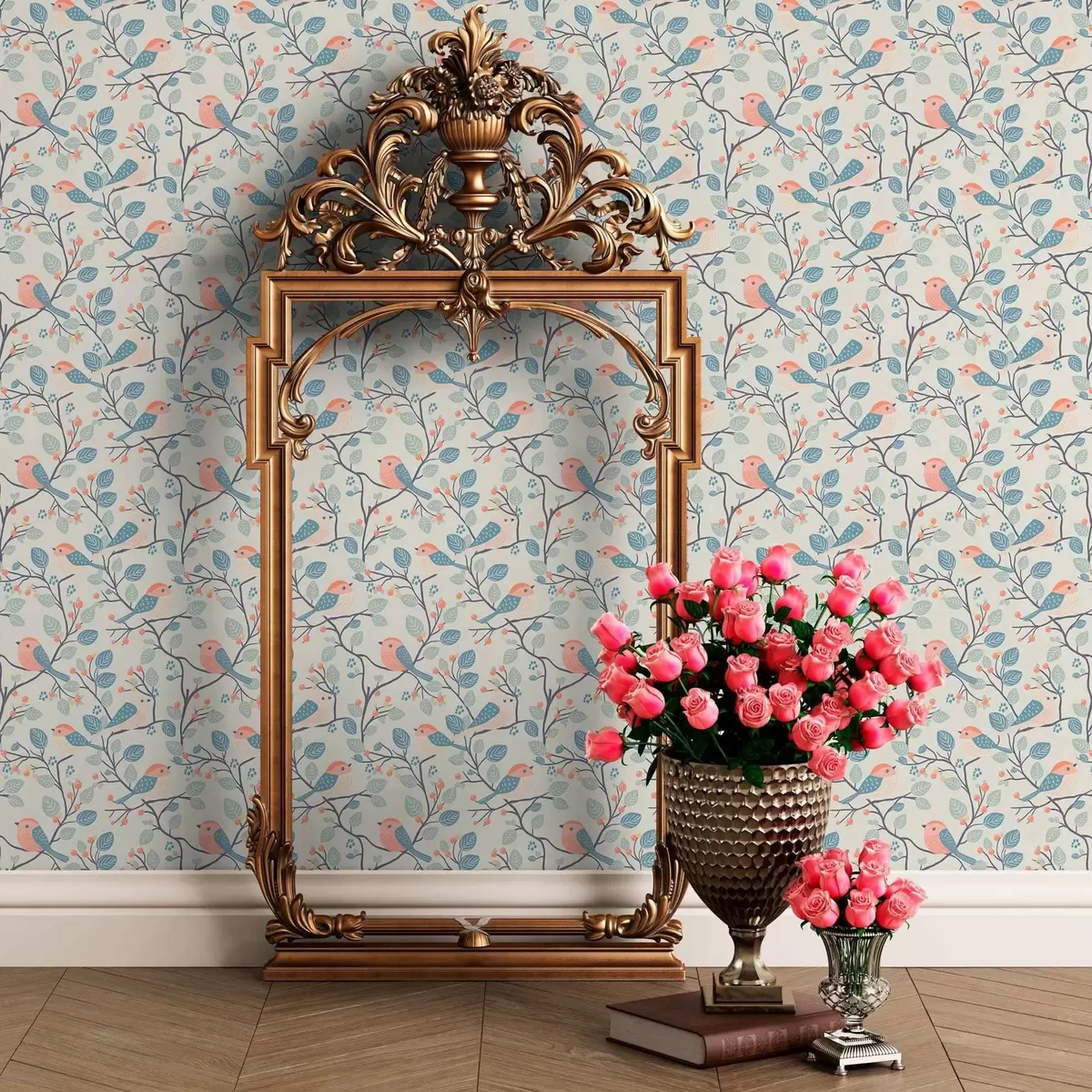 Bakgrund Pastellfärgade fåglar och kvistar på en ljus bakgrund a00128