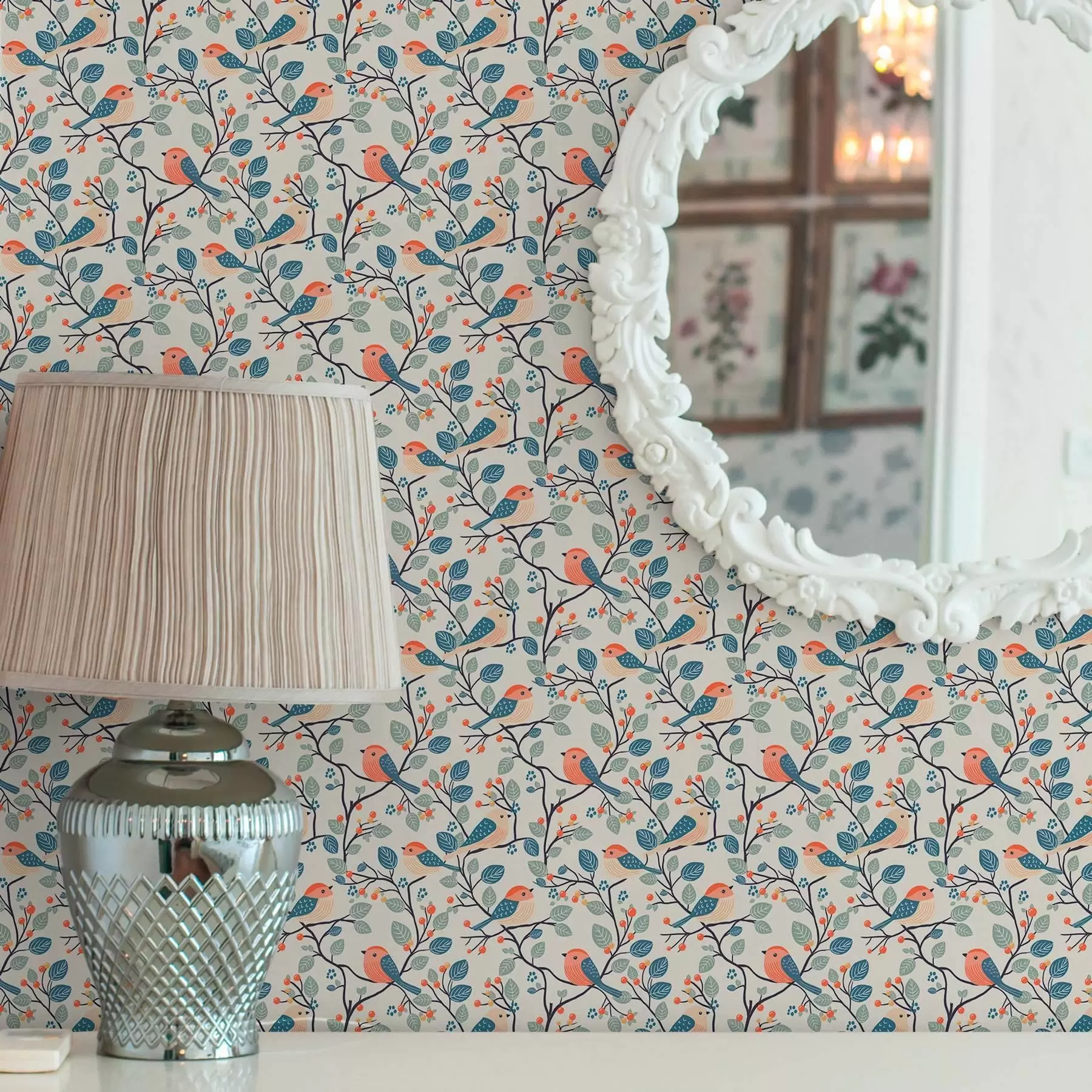 Fototapet Fåglar på grenar och bär i varma färger a00128v1