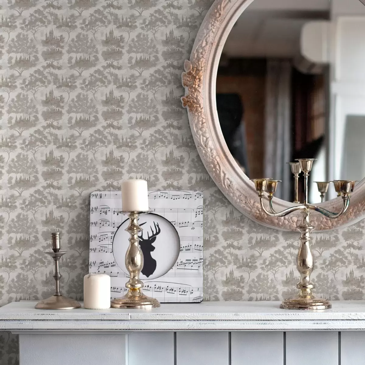 Bakgrund Slott i skogen i grå och beige stil a00130