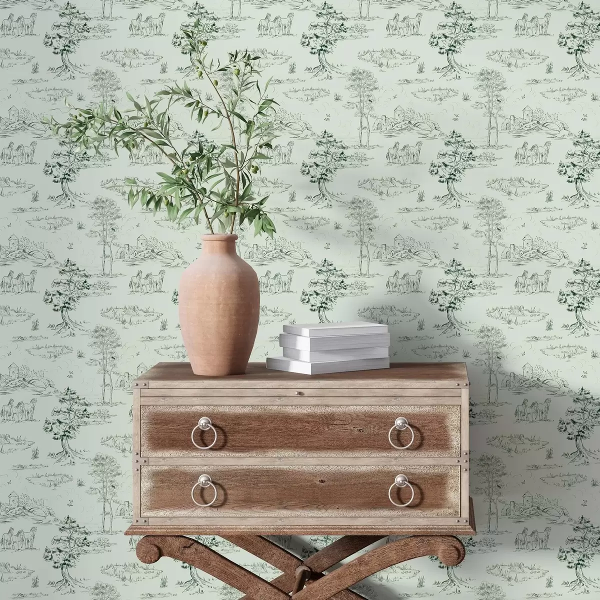 Bakgrund Scen med hästar, träd och slott på grön bakgrund a00133v1