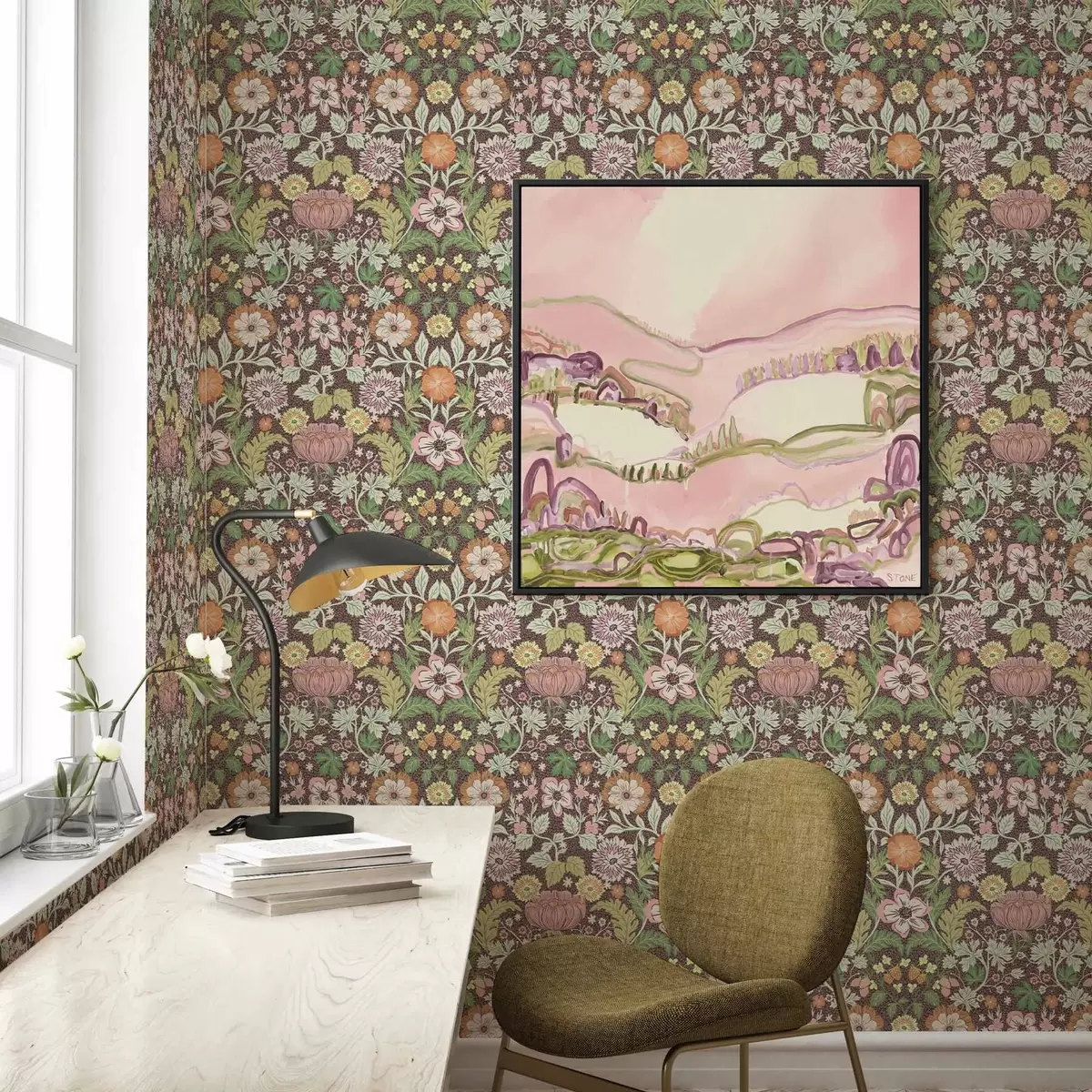 Bakgrund Färgstarkt mönster med grönska och blommor a00145v3