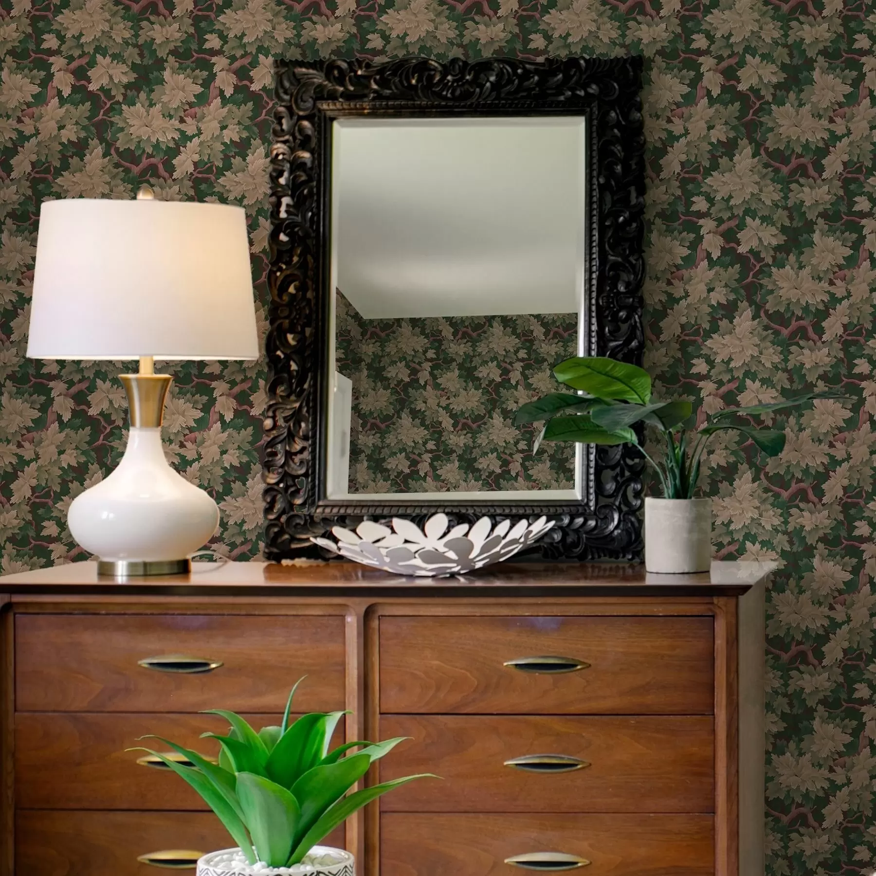 Fototapet Löv i varm palett på mörk bakgrund a00151v1