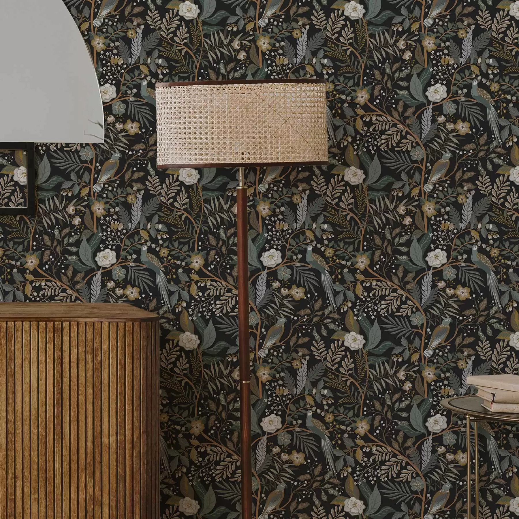 Fototapet Fåglar bland grenar på en mörk bakgrund a00161