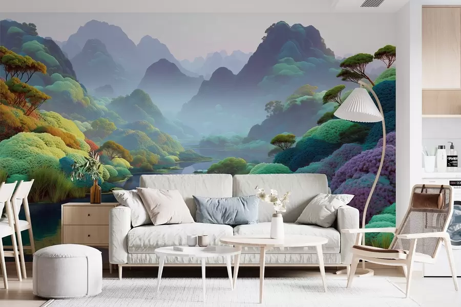 Fototapet Bergslandskap med en flod i blå toner med träd och buskar w09088