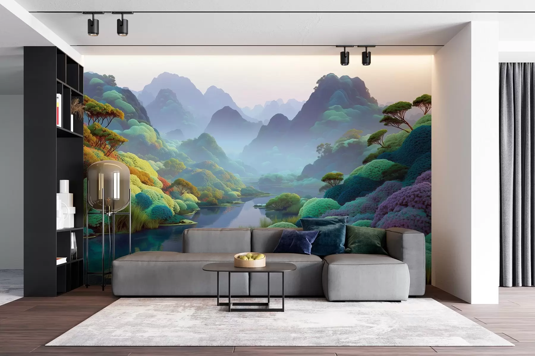 Fototapet Bergslandskap med en flod i blå toner med träd och buskar w09088