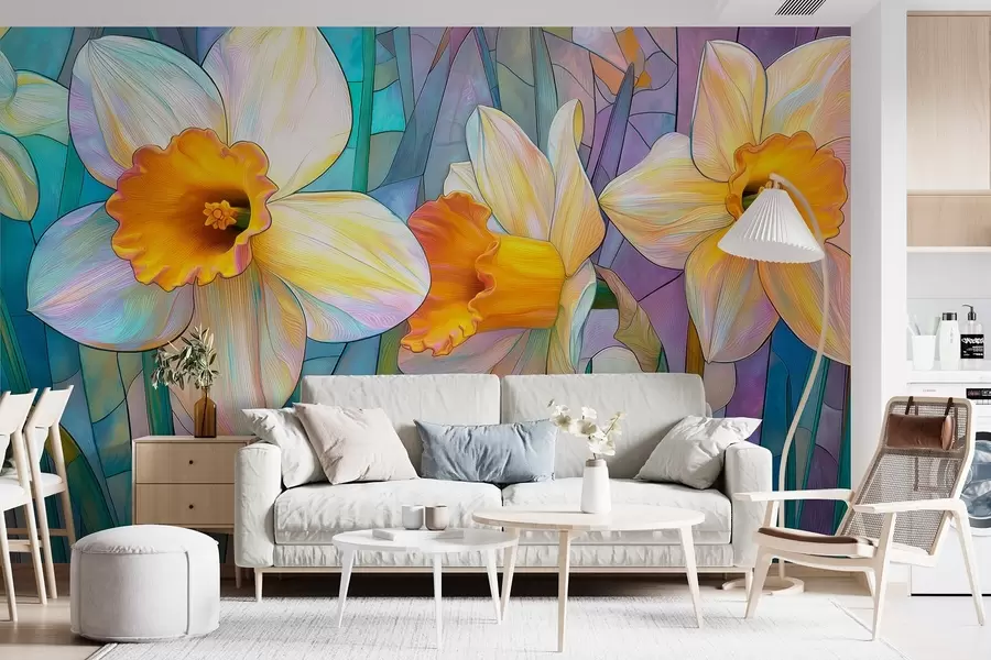 Fototapet Färgglada påskliljor på en blåviolett bakgrund av färgat glas w09092