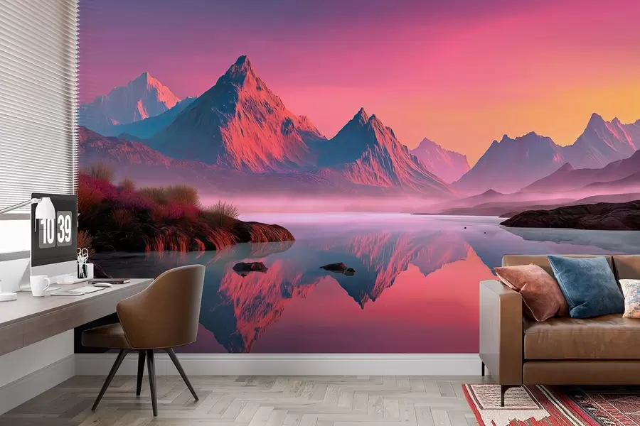 Fototapet Romantiskt solnedgångslandskap med en flod och berg i rosa nyanser w09093