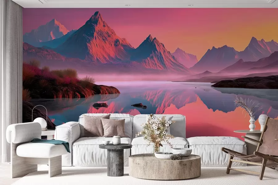 Fototapet Romantiskt solnedgångslandskap med en flod och berg i rosa nyanser w09093