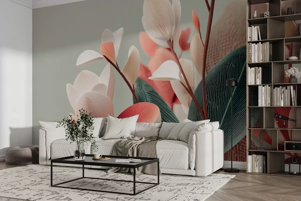 Fototapet Texturerade blommor och blad i pastellfärger och gröna toner w09094