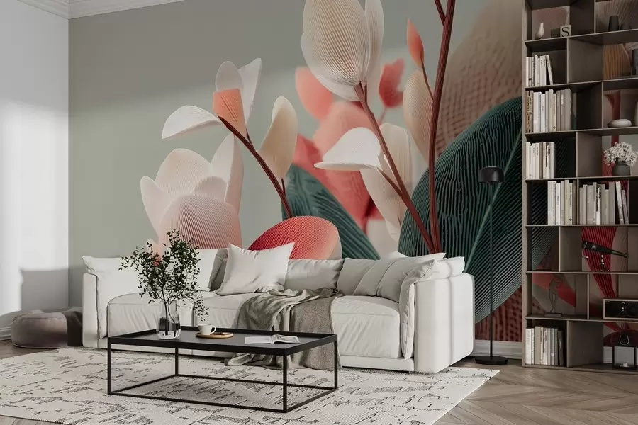 Fototapet Texturerade blommor och blad i pastellfärger och gröna toner w09094