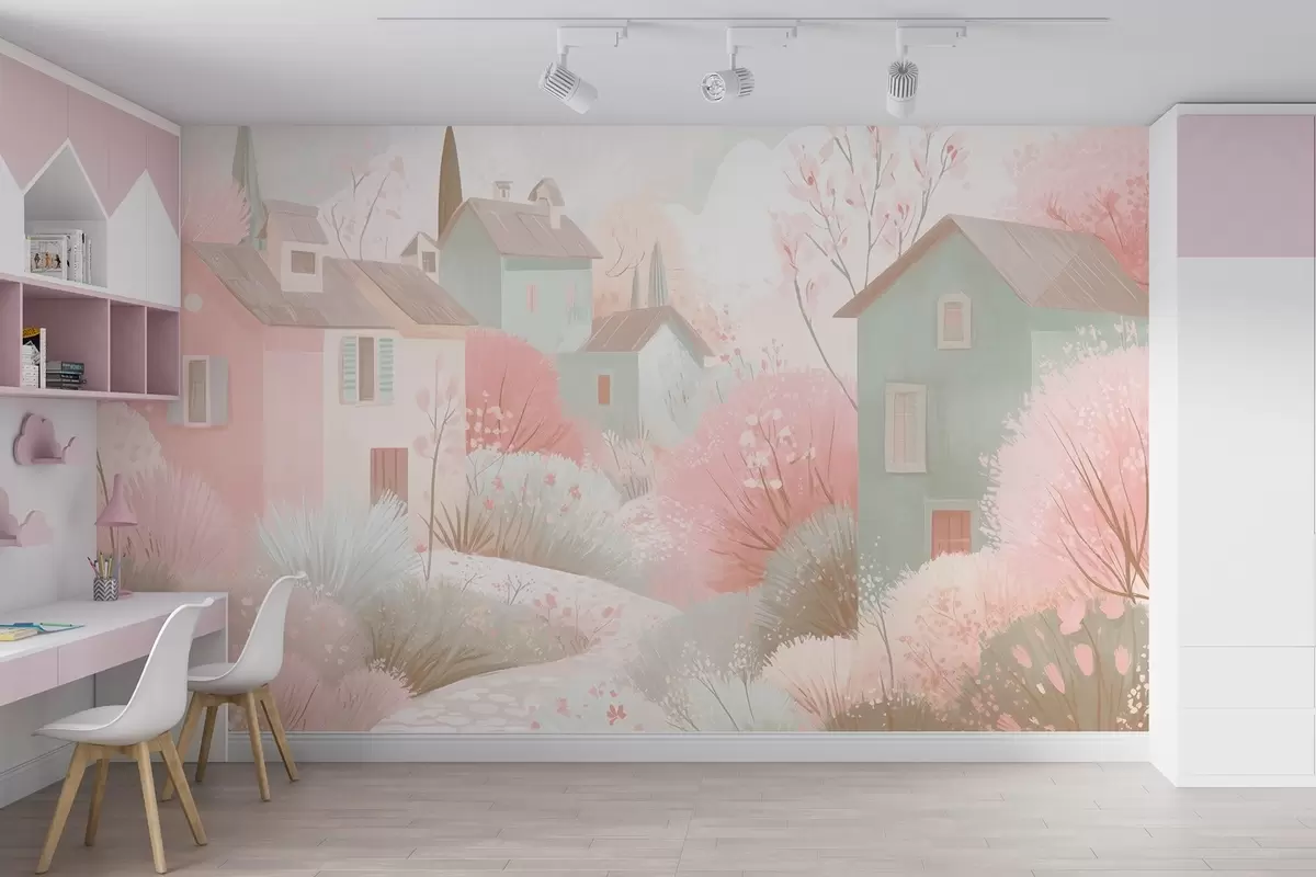 Fototapet Sagostad i oljemålningsstil i rosa nyanser w09095