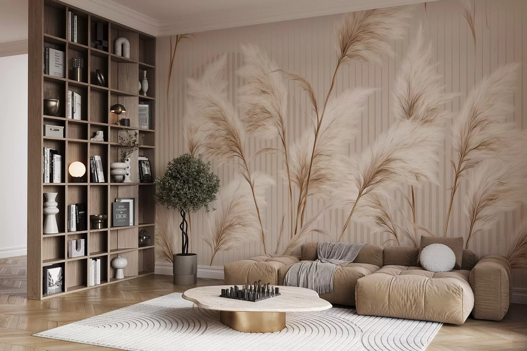 Fototapet Pampasgräs mot en bakgrund av linjer i beige toner w09104