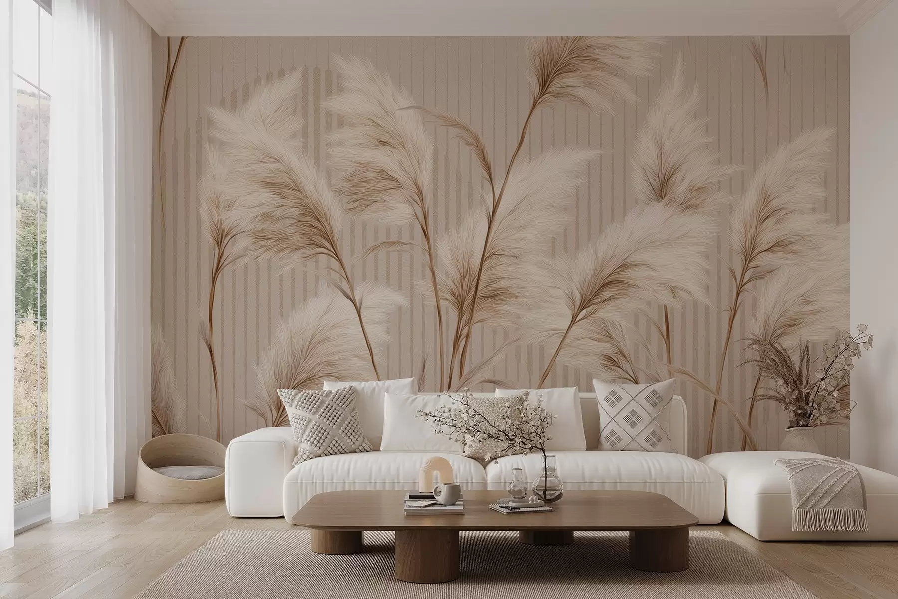 Fototapet Pampasgräs mot en bakgrund av linjer i beige toner w09104