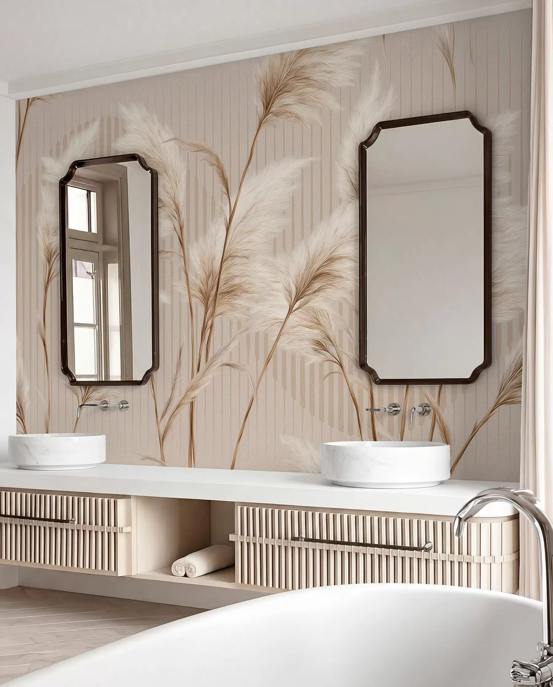 Fototapet Pampasgräs mot en bakgrund av linjer i beige toner w09104
