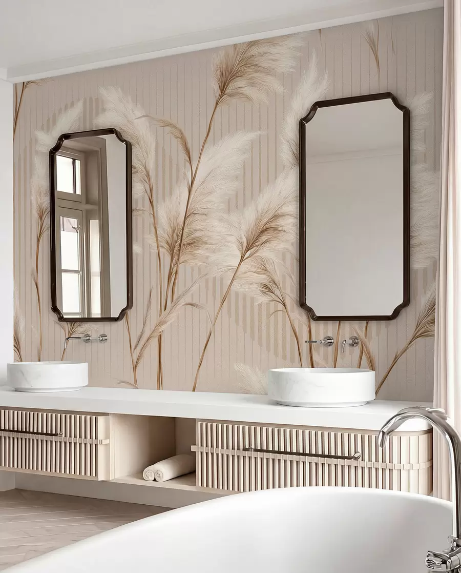 Fototapet Pampasgräs mot en bakgrund av linjer i beige toner w09104