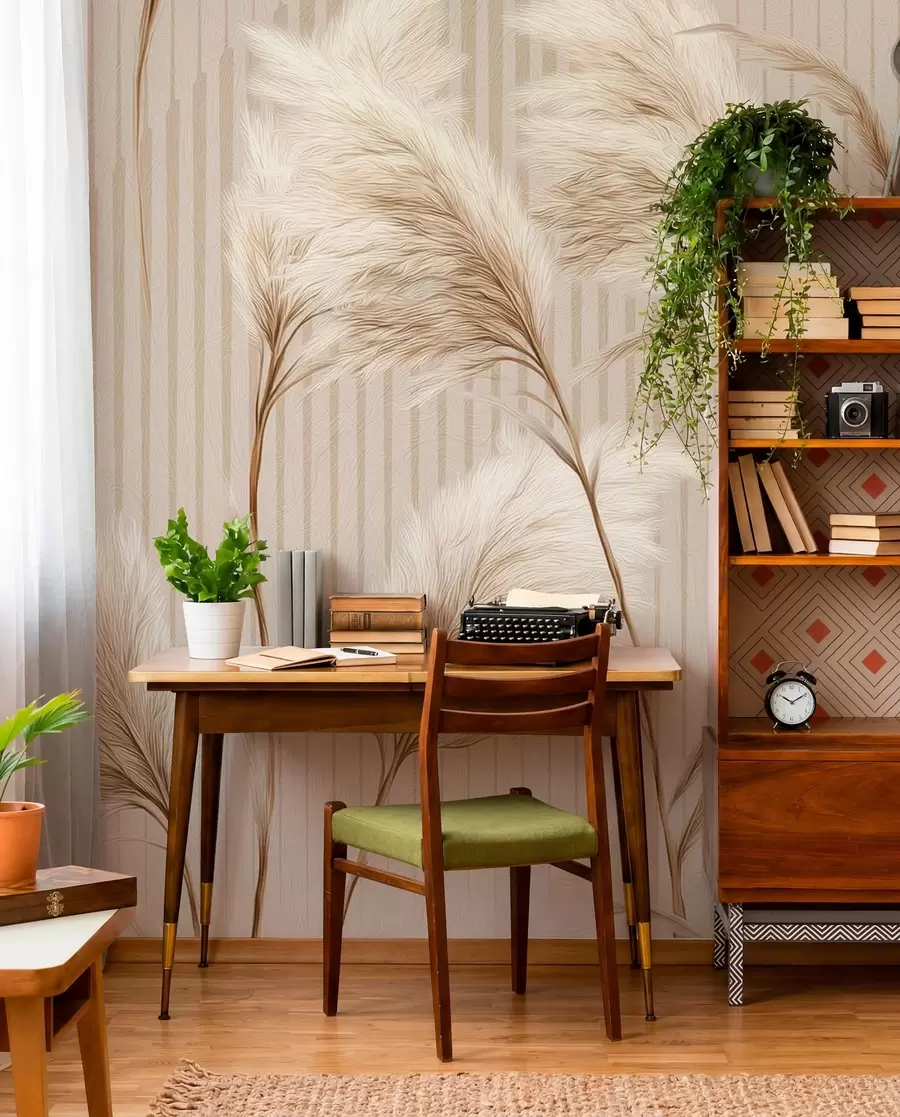 Fototapet Pampasgräs mot en bakgrund av linjer i beige toner w09104