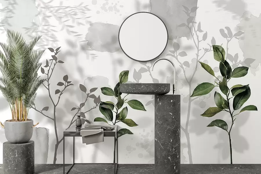 Fototapet Citronträdblad, trädgrenar skuggor, natur, akvarell, grön w03910v1