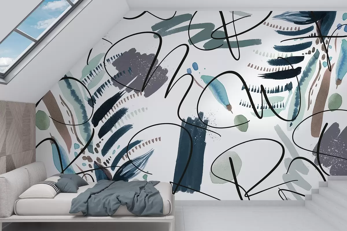 Fototapet Bläckbokstäver, kalligrafi, penseldrag, blå färger, abstraktion w03912v2