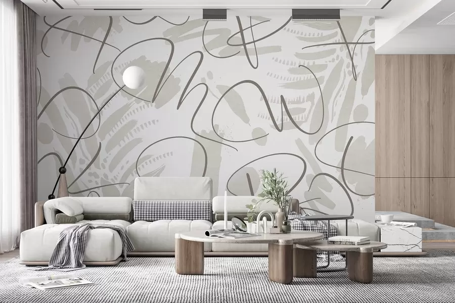 Fototapet Kalligrafisk abstraktion med bokstäver, penseldrag, beige färg w03913