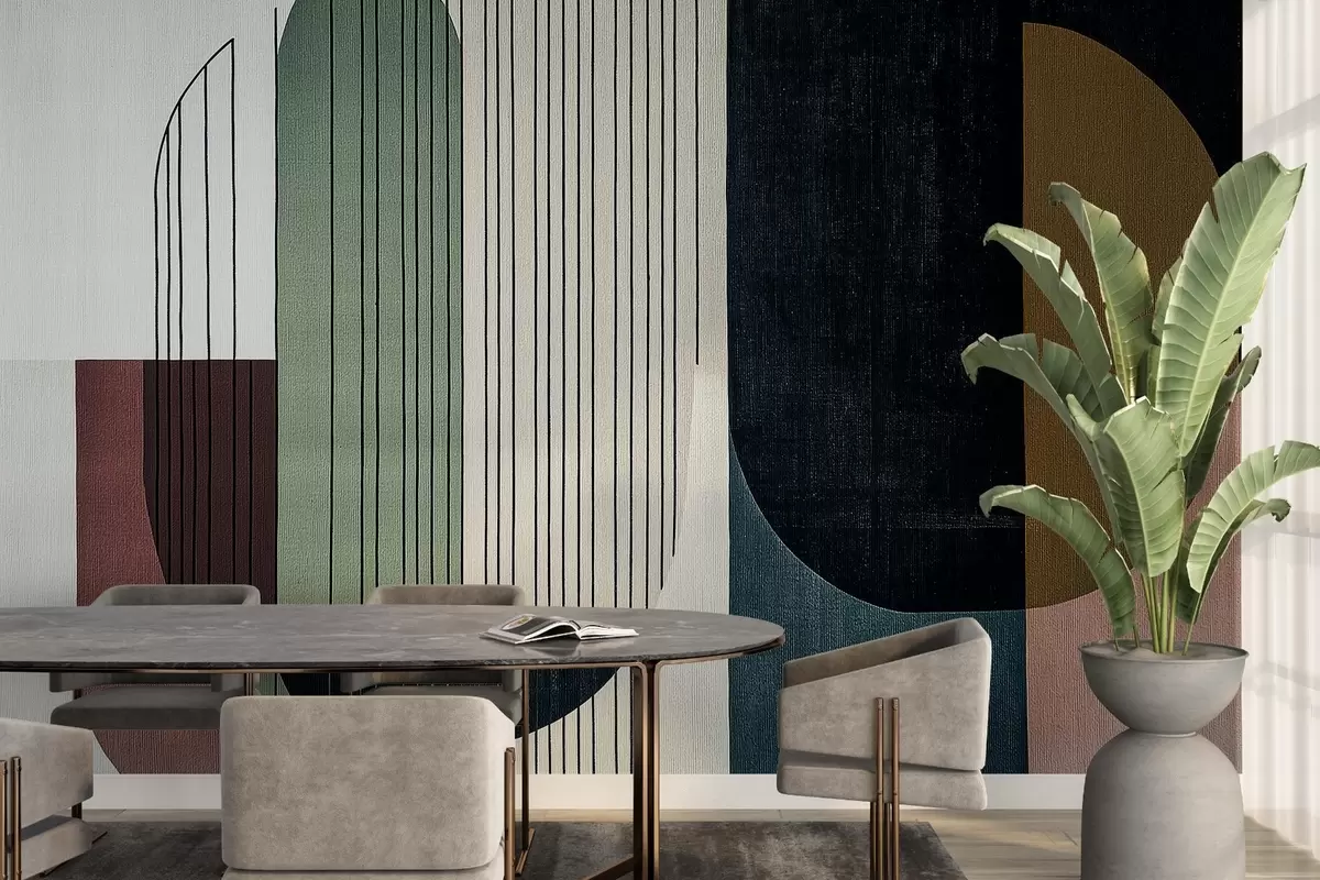 Fototapet modern abstrakt geometrisk komposition med överlappande former och vertikala linjemönster, tunna linjer som fyller trapezoider och ovaler, mjuk textiltextur, varma dämpade toner som olivgrönt, taupe, beige och kol, subtila transparenseffekter mellan formerna w03937