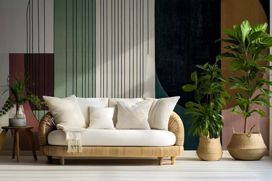 Fototapet modern abstrakt geometrisk komposition med överlappande former och vertikala linjemönster, tunna linjer som fyller trapezoider och ovaler, mjuk textiltextur, varma dämpade toner som olivgrönt, taupe, beige och kol, subtila transparenseffekter mellan formerna w03937v3