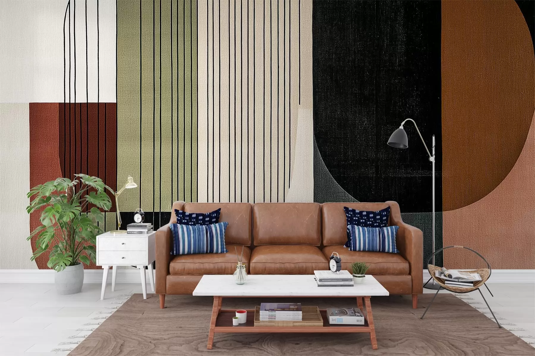 Fototapet modern abstrakt geometrisk komposition med överlappande former och vertikala linjemönster, tunna linjer som fyller trapezoider och ovaler, mjuk textiltextur, varma dämpade toner som olivgrönt, taupe, beige och kol, subtila transparenseffekter mellan formerna w03937v4