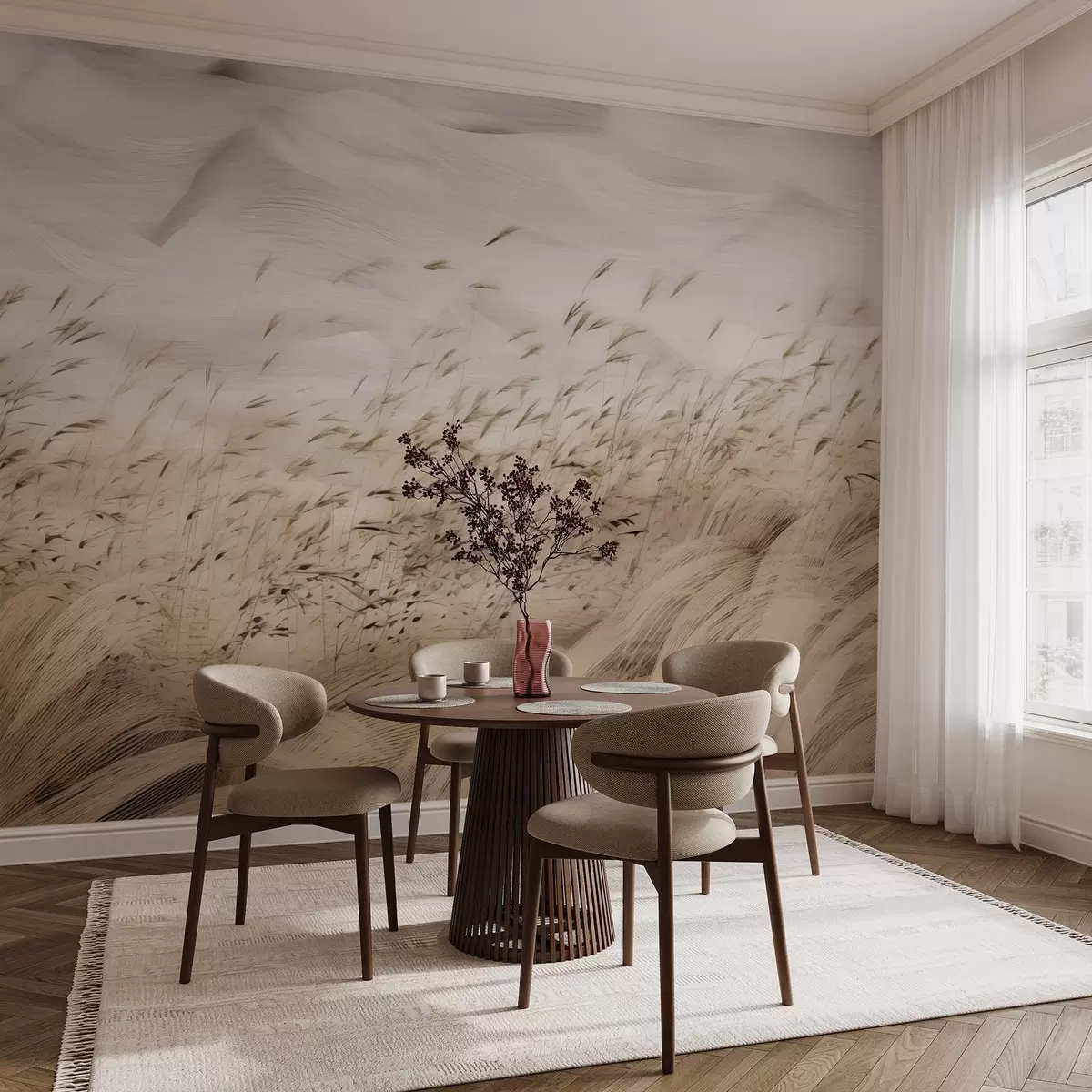 Fototapet abstrakta vindblåsta gräsfält i beige och stentoner, bläckskisslinjer med texturerad pappersbakgrund, lugn nordisk landsbygd w03941