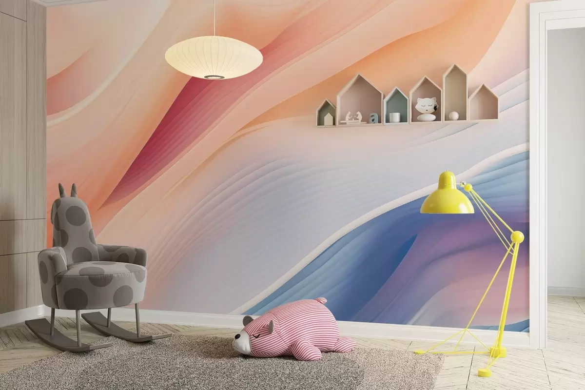 Fototapet abstrakta flödande former inspirerade av vind och vatten, handmålade med mjuka pastellfärger och subtil textur, organisk rörelse som silke i slow motion, blek elfenbensfärgad bakgrund, naturlig harmoni, inga föremål, inga symboler, modern poetisk tapetkomposition w03942