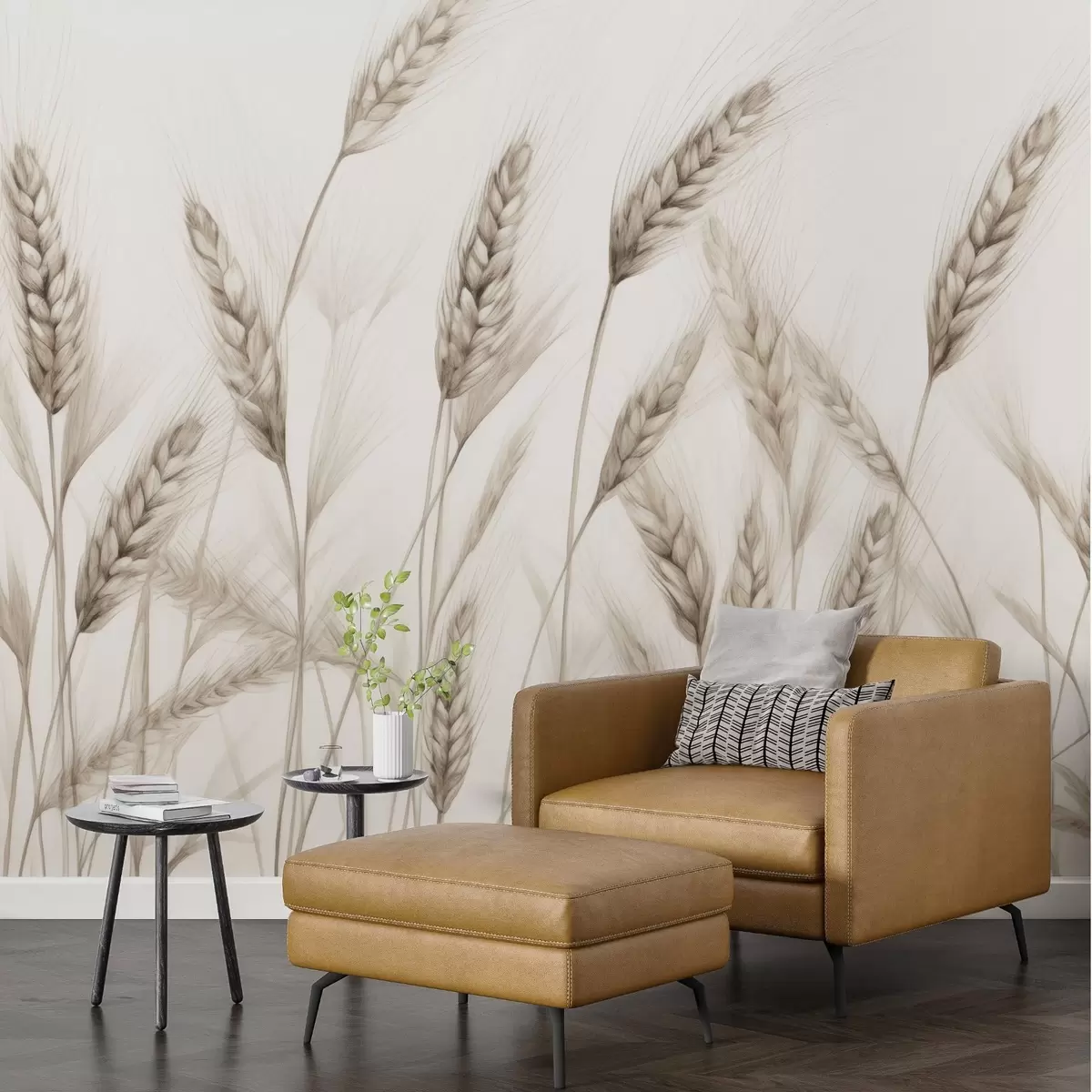 Fototapet delikat botanisk illustration av vetestjälkar, handritad stil, fina linjer med pastellkritstruktur, mjuka sepia- och jordbruna toner, vit bakgrund, symmetrisk elegant komposition, naturlig skissestetik w03943v1