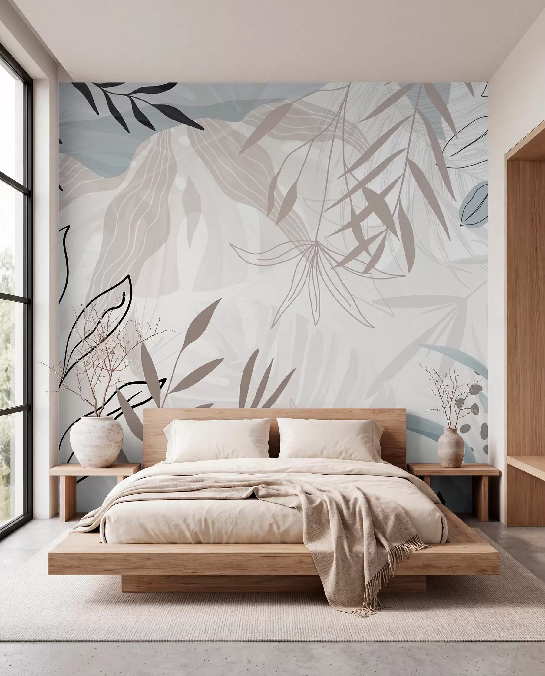 Fototapet Abstrakt blommig modern design med pastellfärgade beige, grå, blå och svarta blad, delikat linjekonst och mjuk bakgrund  w09105
