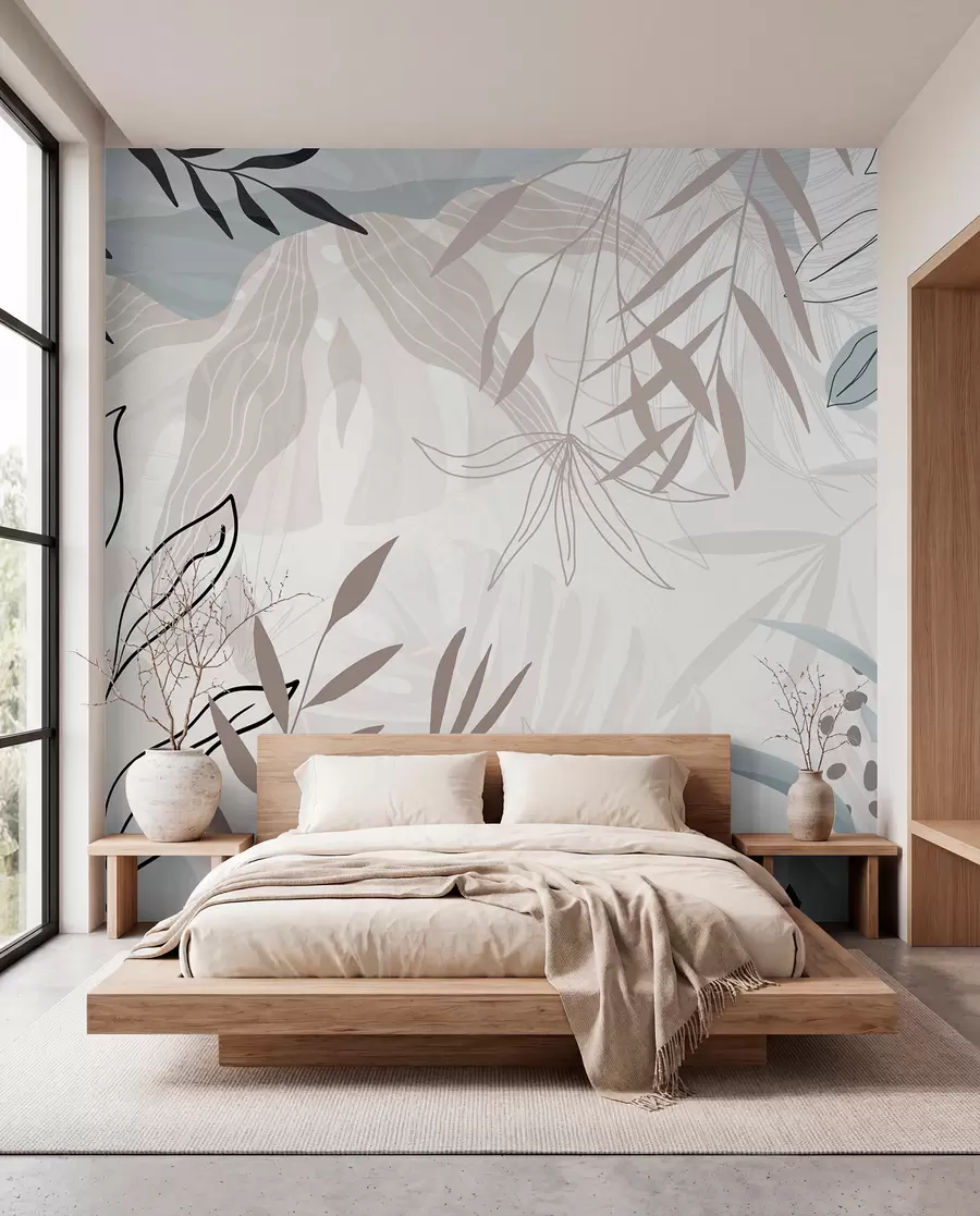 Fototapet Abstrakt blommig modern design med pastellfärgade beige, grå, blå och svarta blad, delikat linjekonst och mjuk bakgrund  w09105