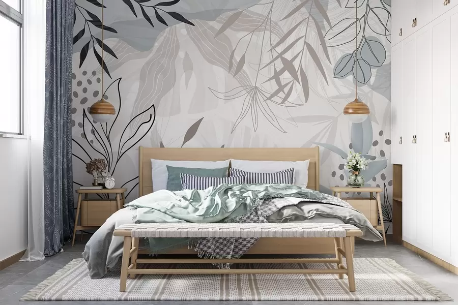 Fototapet Abstrakt blommig modern design med pastellfärgade beige, grå, blå och svarta blad, delikat linjekonst och mjuk bakgrund  w09105