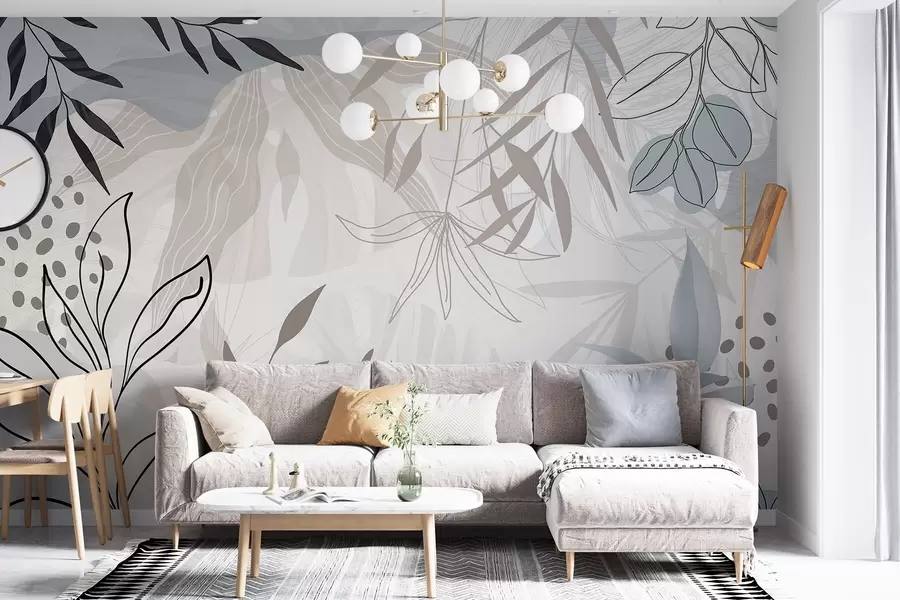 Fototapet Abstrakt blommig modern design med pastellfärgade beige, grå, blå och svarta blad, delikat linjekonst och mjuk bakgrund  w09105