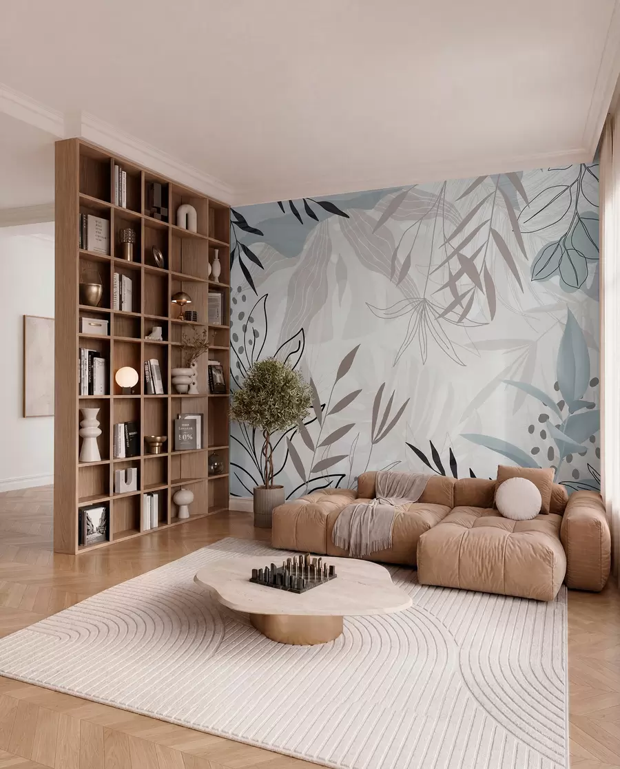 Fototapet Abstrakt blommig modern design med pastellfärgade beige, grå, blå och svarta blad, delikat linjekonst och mjuk bakgrund  w09105