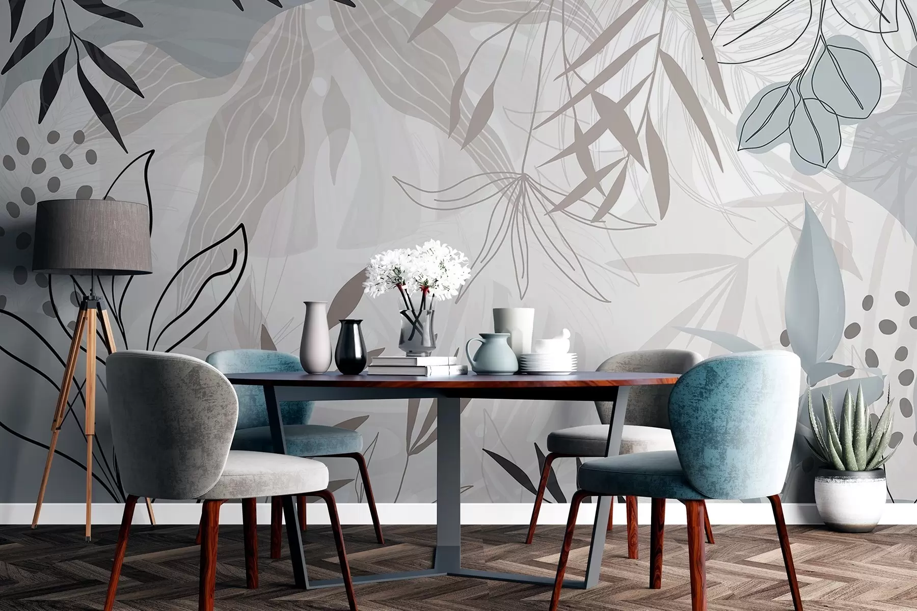 Fototapet Abstrakt blommig modern design med pastellfärgade beige, grå, blå och svarta blad, delikat linjekonst och mjuk bakgrund  w09105