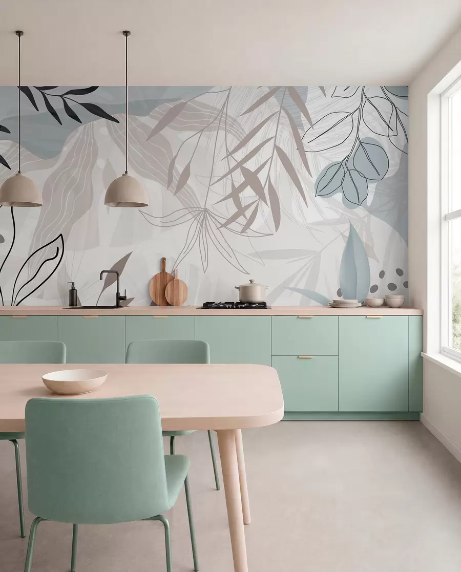 Fototapet Abstrakt blommig modern design med pastellfärgade beige, grå, blå och svarta blad, delikat linjekonst och mjuk bakgrund  w09105