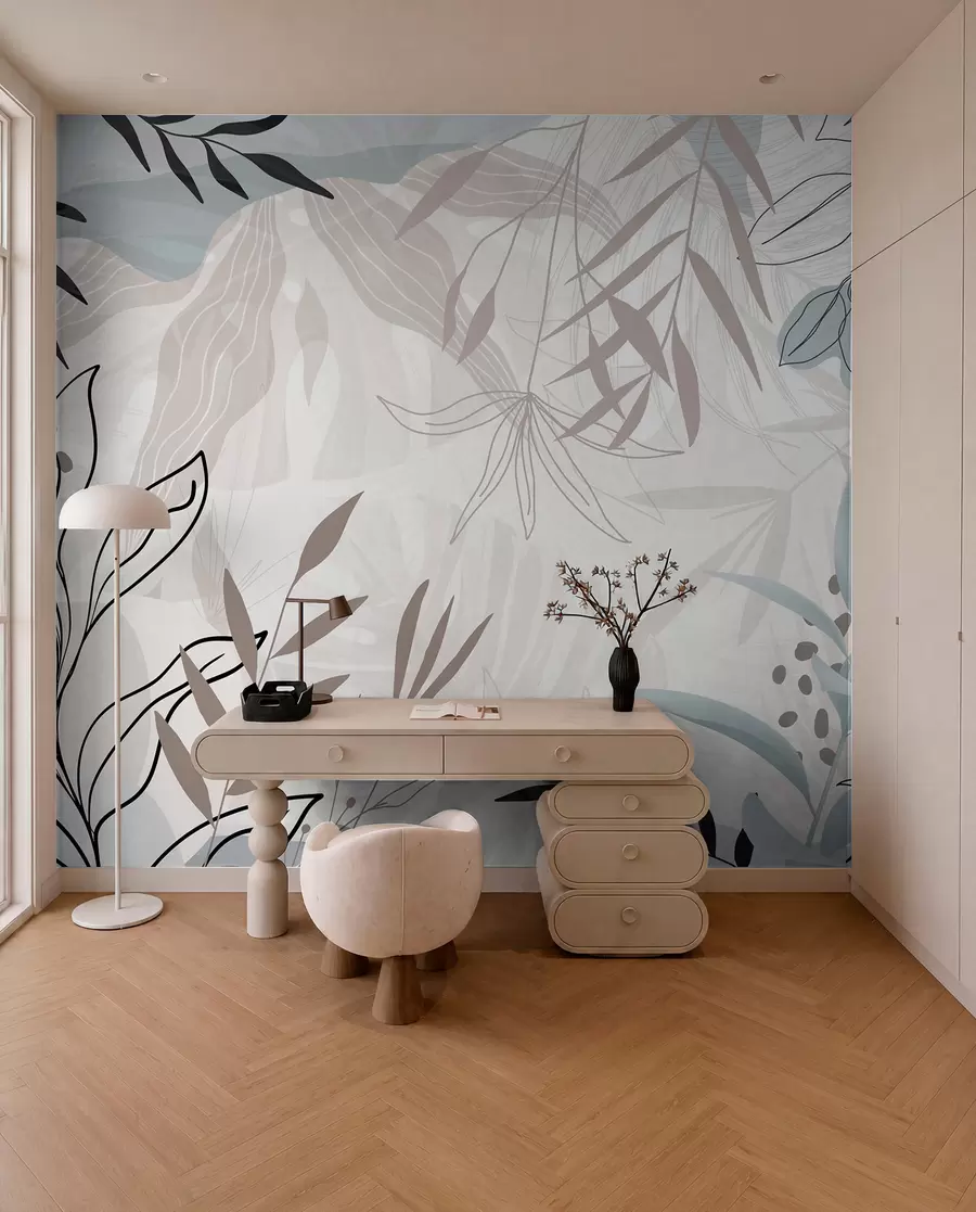 Fototapet Abstrakt blommig modern design med pastellfärgade beige, grå, blå och svarta blad, delikat linjekonst och mjuk bakgrund  w09105