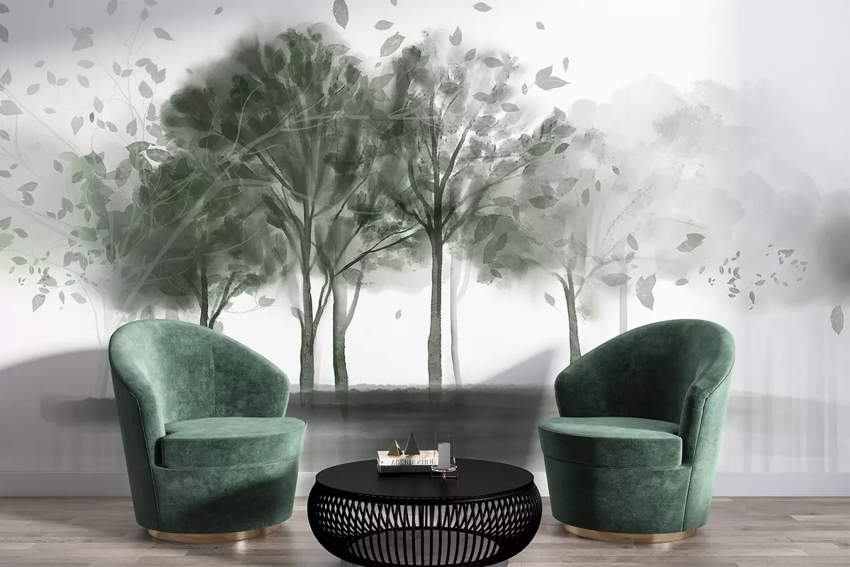 Fototapet Abstrakt landskap med träd med gröna blad som reflekterar i vattnet, i texturerad akvarellstil w09109