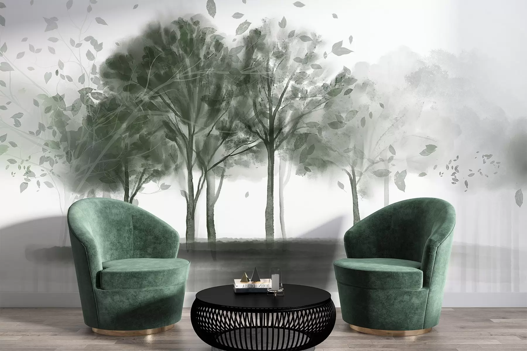 Fototapet Abstrakt landskap med träd med gröna blad som reflekterar i vattnet, i texturerad akvarellstil w09109