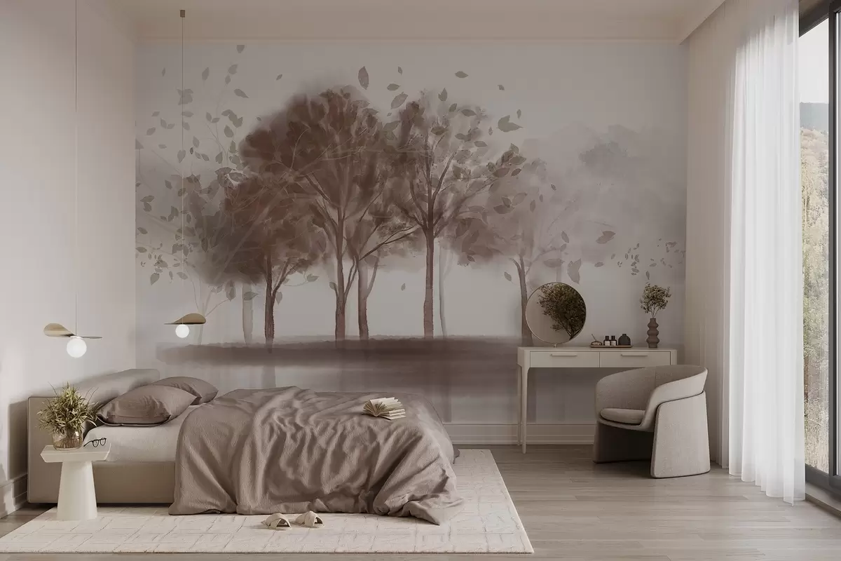 Fototapet Abstrakt landskap med träd med bruna löv som reflekterar i vattnet, i akvarell texturerad stil w09109v1