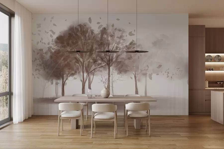 Fototapet Abstrakt landskap med träd med bruna löv som reflekterar i vattnet, i akvarell texturerad stil w09109v1