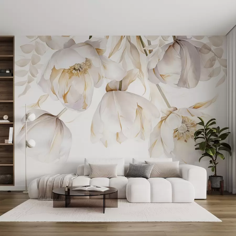 Fototapet Vita tulpaner med gula pistiller, skira kronblad, elegant blomsterarrangemang, skir komposition, mot en vit bakgrund w09112