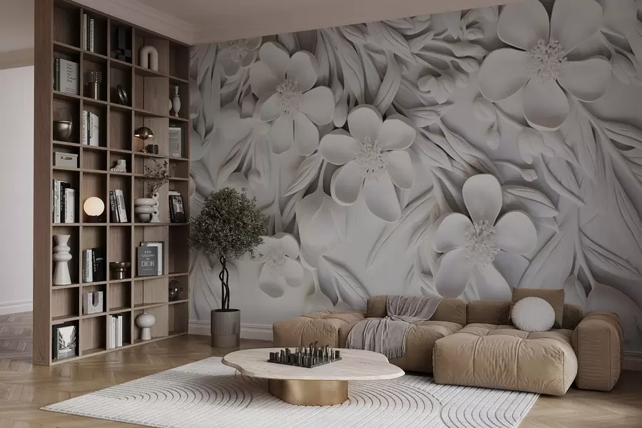 Fototapet Vita blommor och blad i en vit bakgrund, blommigt elegant, dekorativ design, invecklade detaljer w09113